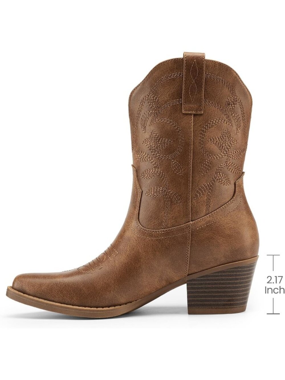 Women's Brown Ankle Boots Square Toe Low Chunky Heel Embroidery Western Booties - Picture 4 of 6